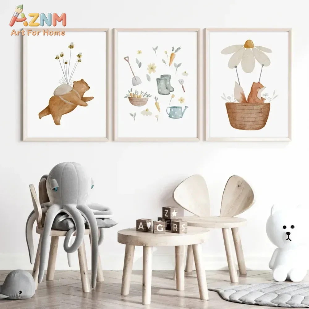 Baby Nursery Frames - AZNM Aquarell-Bär-Fuchs-Tier-Leinwand-Wandkunst, Boho-Garten-Blumen-Kinderzimmer-Druck, Poster für Kinder,