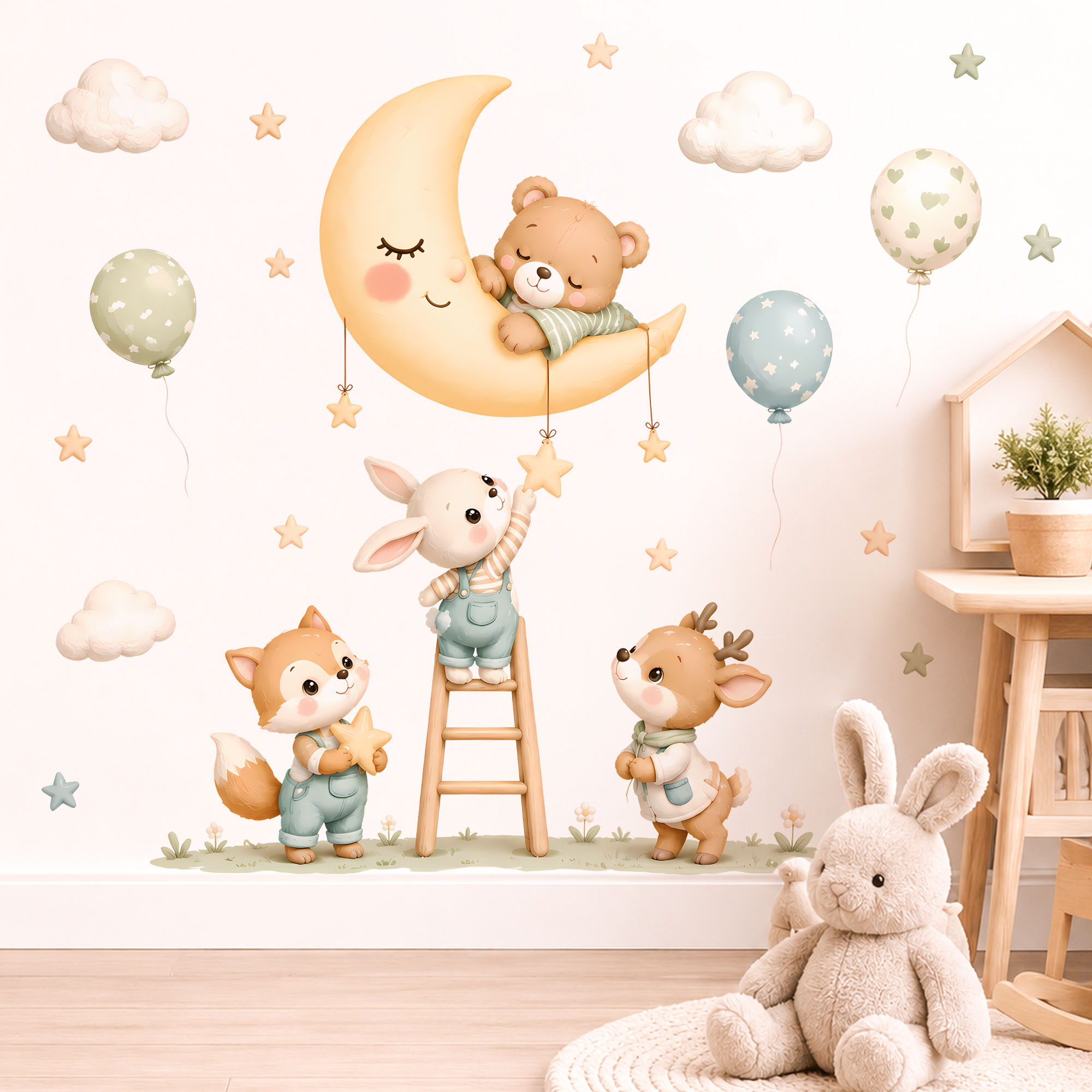 Baby Nursery Wall Decals - Waldtier-Wandaufkleber, Abnehmbare Aquarell-Stern-Wolken-Ballon-Dekorationen für Kinderzimmer, Babyparty-Geschenke