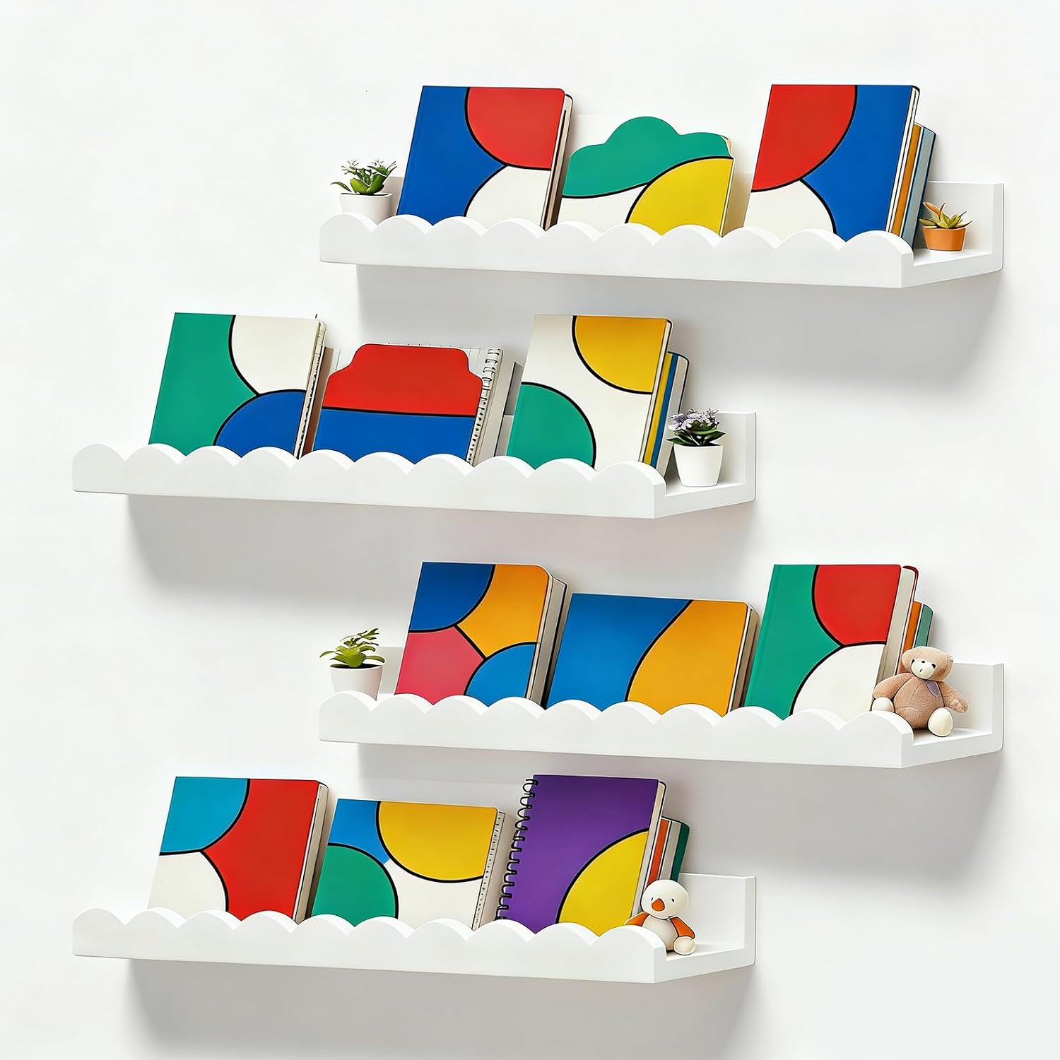 Baby Nursery Floating Shelves - Set aus 4 weißen, gewellten, schwebenden