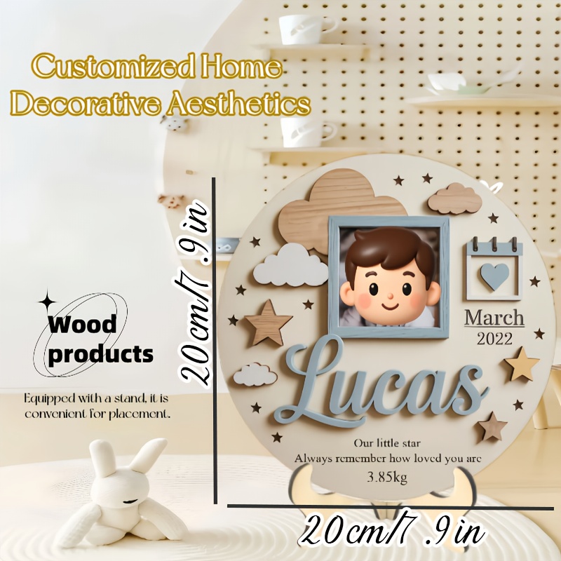 Baby Nursery Frames - Personalisierter Baby-Fotorahmen, Individuelle Holz-Geburtsplakette mit Namen