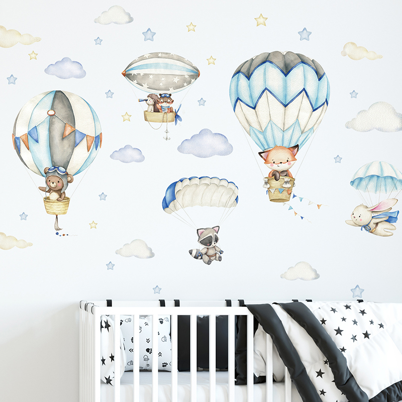Baby Nursery Wall Decals - Cartoon Niedliche Tiere Heißluftballon Wandaufkleber für