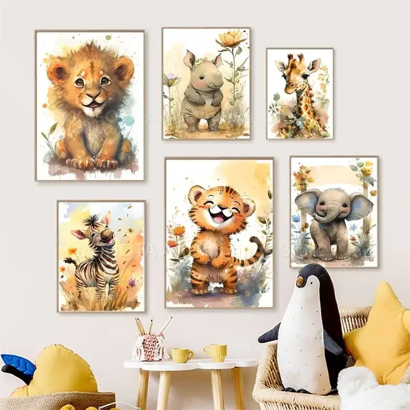 Baby Nursery Artwork - Aquarell Löwe Giraffe Tiger Elefant Zebra