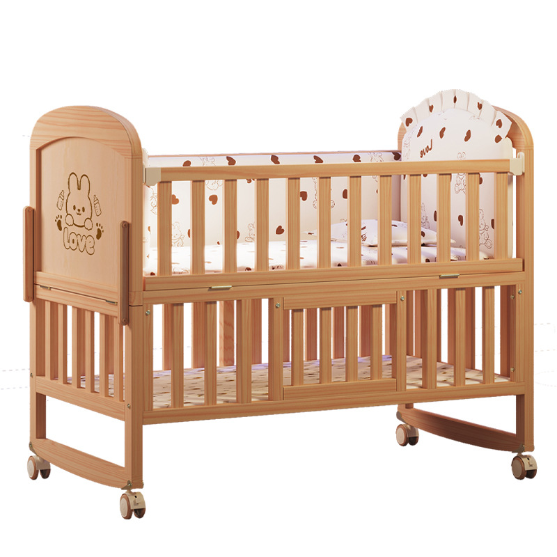 Baby Nursery With Queen Bed - Massivholz-Babybett, abnehmbar, unlackiert, Neugeborenen-Splicing-Queen-Bett, Wiege für