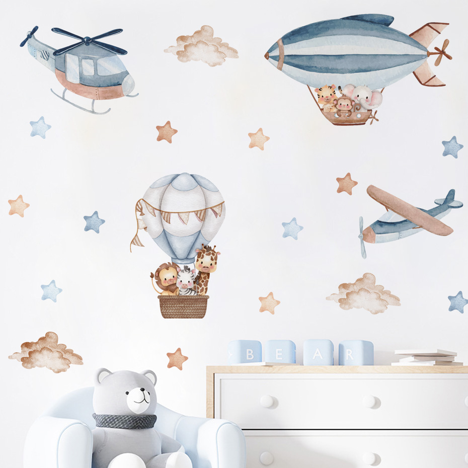 Baby Nursery Wall Decals - Aquarell Tiere Heißluftballon Wolken Wandaufkleber für