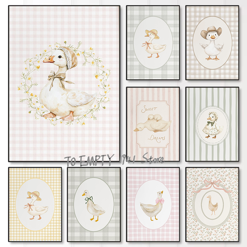 Baby Nursery Artwork - Niedliche Gänse und Enten: Gingham-Farmtier-Poster auf