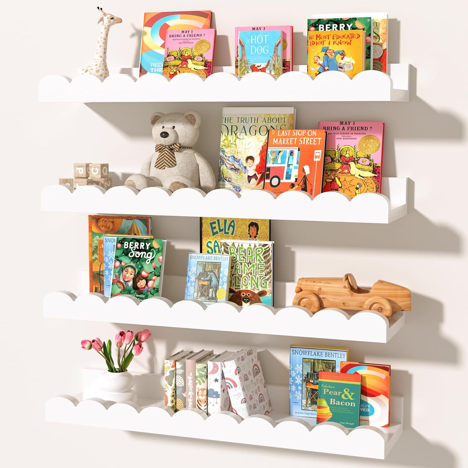 Baby Nursery Floating Shelves - Set aus 4 weißen, gewellten, schwebenden