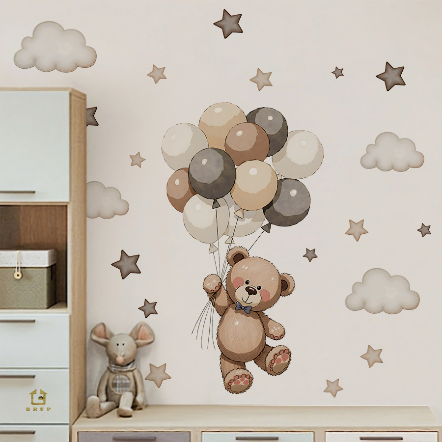 Baby Nursery Artwork - Entzückende Teddybär-Wandaufkleber, abnehmbare Dekoration mit Luftballons,