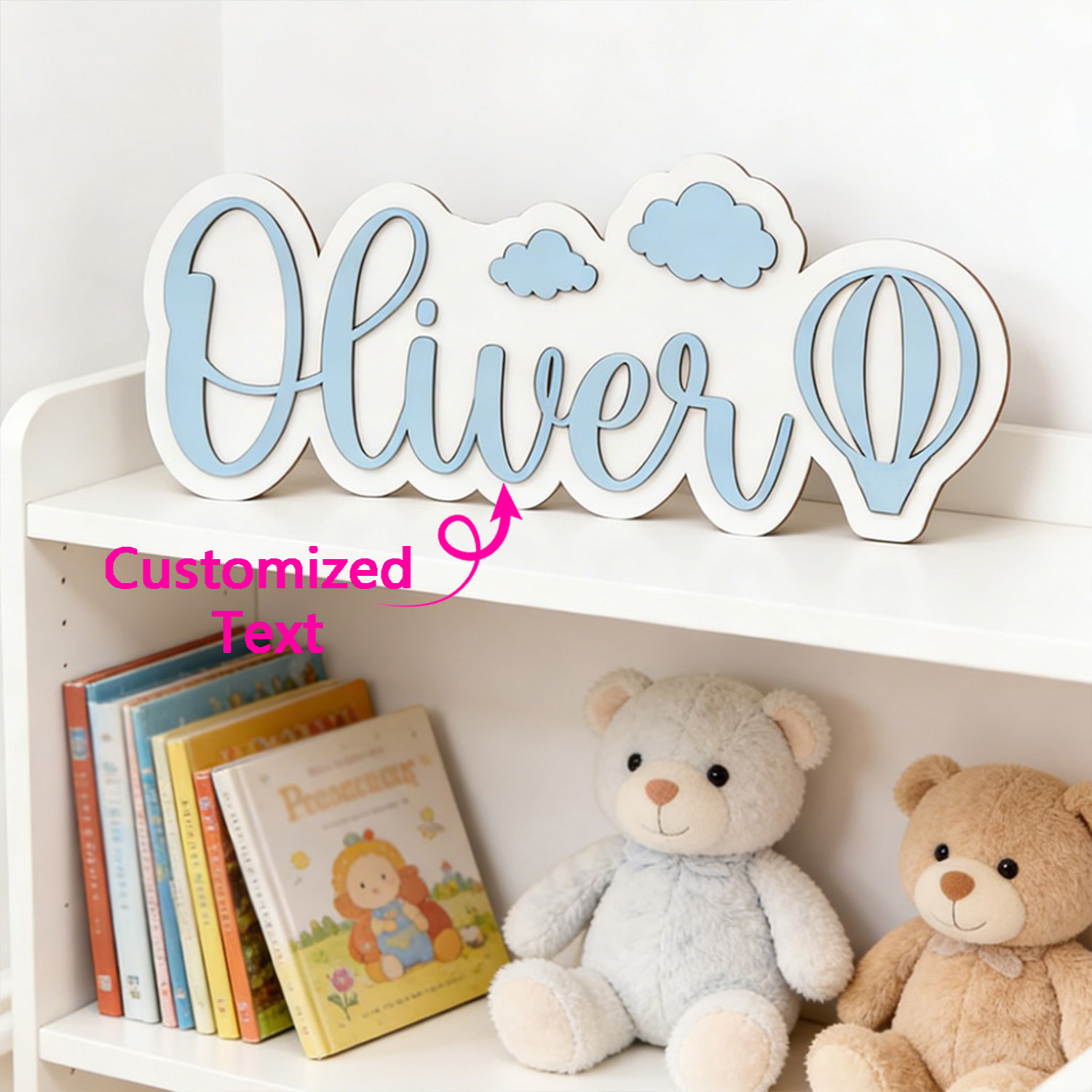 Baby Nursery Artwork - Personalisiertes Heißluftballon- & Wolken-Namensschild, Anpassbare Pastellblaue