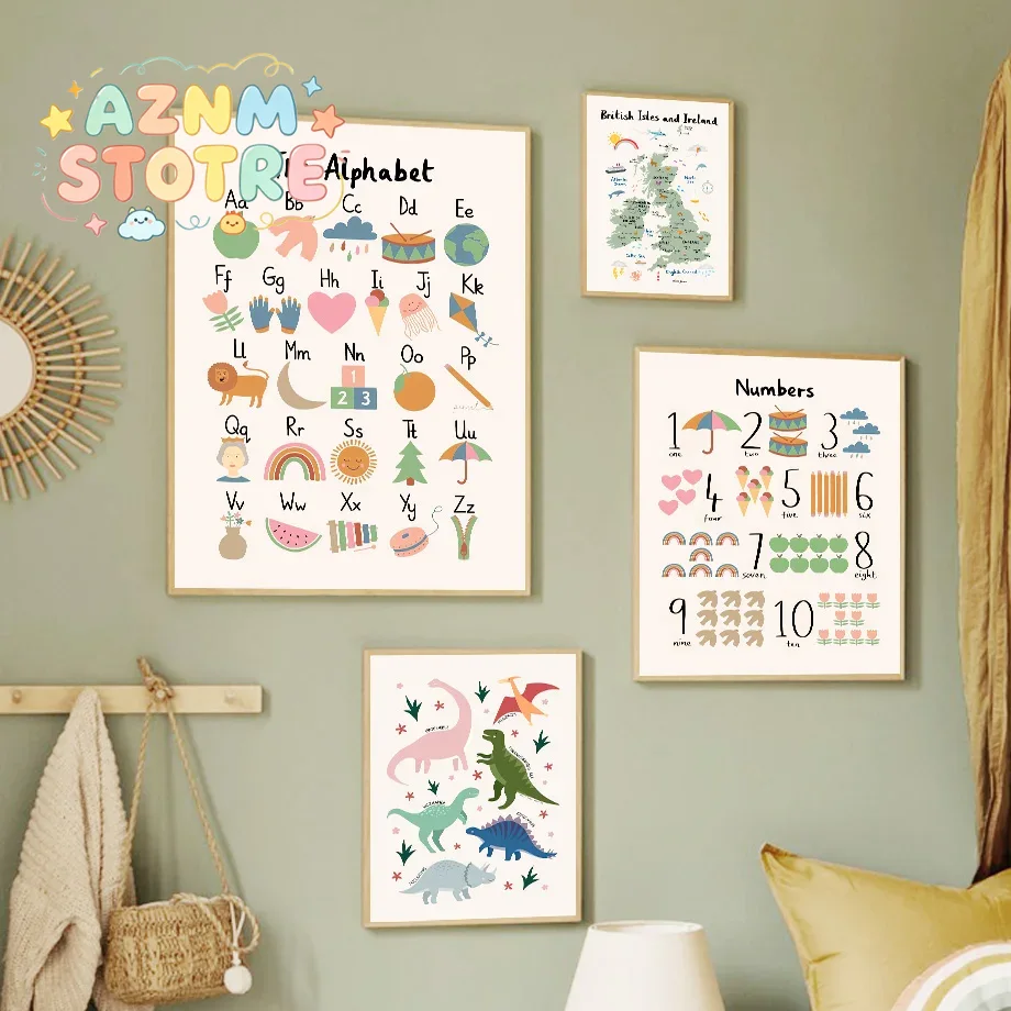 Baby Nursery Artwork - Tierweltkarte Dinosaurier Alphabet Zahlen Leinwand Wandkunst