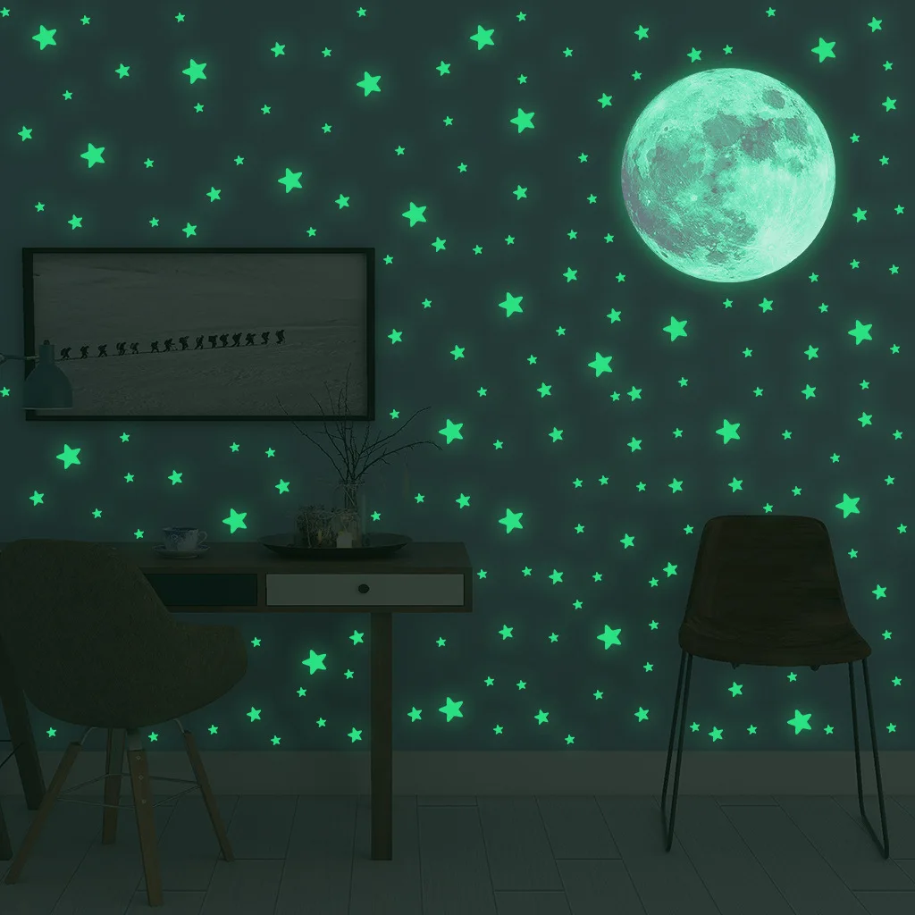 Baby Nursery Wall Decals - Leuchtende Mond-Sterne-Wandaufkleber für Kinderzimmer, Schlafzimmer-Dekoration, im